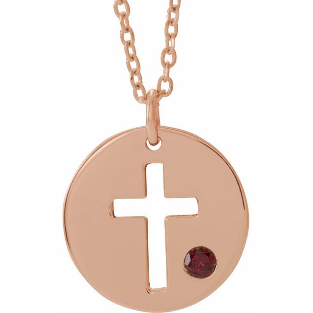 14K Rose Gold Natural Garnet Pierced Cross Disc 16-18" Necklace