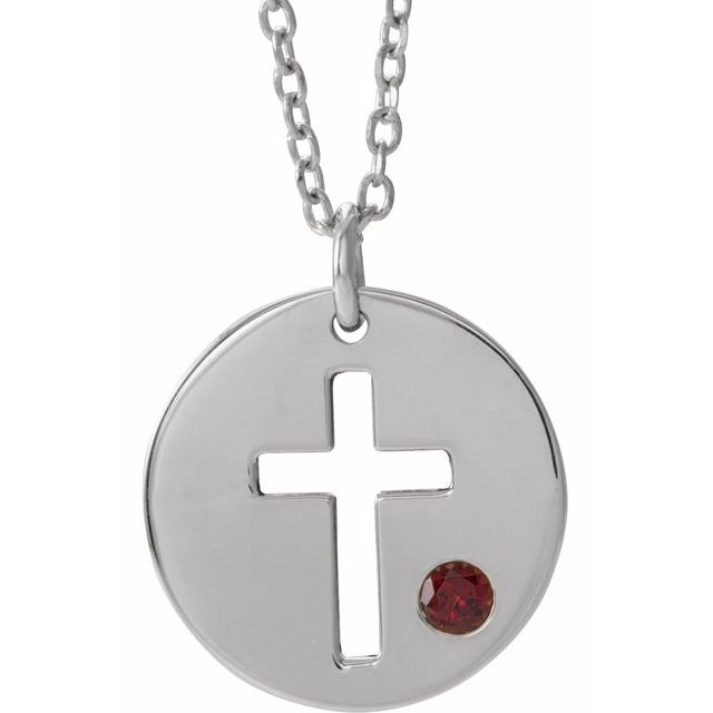 14K White Gold Natural Garnet Pierced Cross Disc 16-18" Necklace