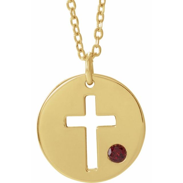 14K Yellow Gold Natural Garnet Pierced Cross Disc 16-18" Necklace