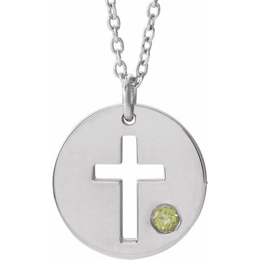 Sterling Silver Imitation Peridot Pierced Cross Disc 16-18" Necklace 