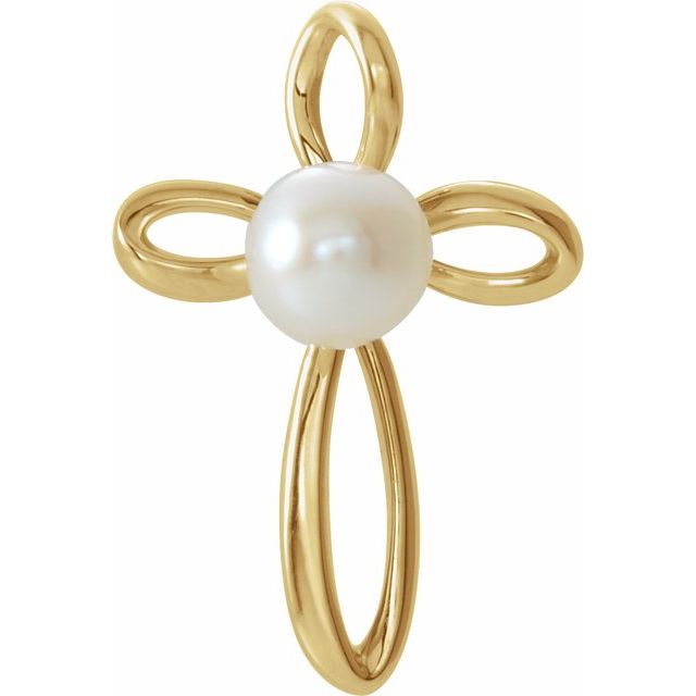 14K Yellow Gold Cultured White Freshwater Pearl Cross Pendant