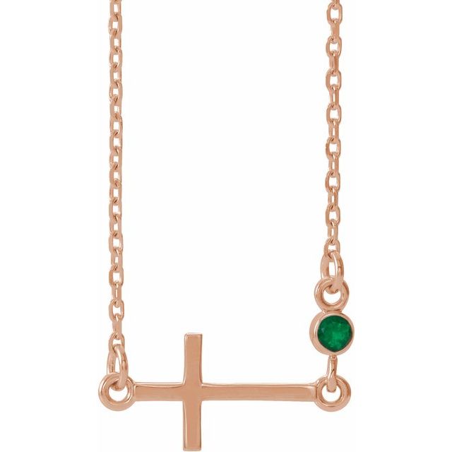 14K Rose Gold Natural Emerald Sideways Cross 16-18" Necklace