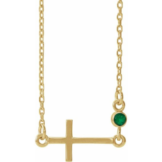 14K Yellow Gold Natural Emerald Sideways Cross 16-18" Necklace