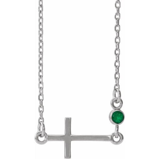 14K White Gold Natural Emerald Sideways Cross 16-18" Necklace
