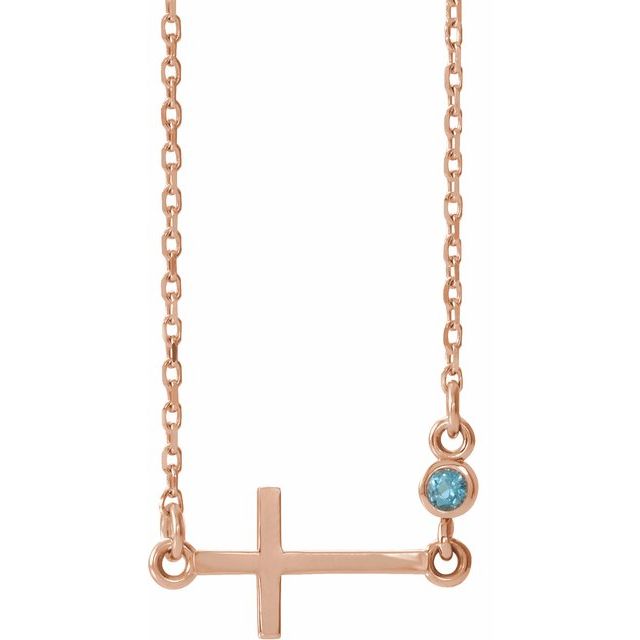 14K Rose Gold Natural Aquamarine Sideways Cross 16-18" Necklace