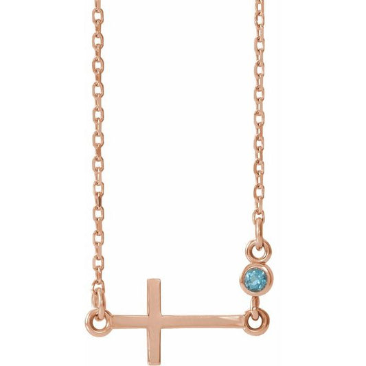 14K Rose Gold Natural Aquamarine Sideways Cross 16-18" Necklace