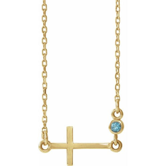 14K Yellow Gold Natural Aquamarine Sideways Cross 16-18" Necklace