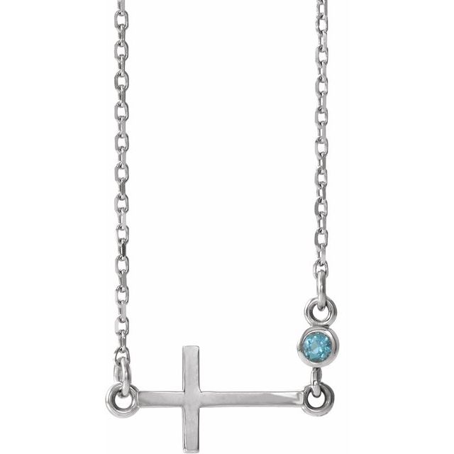 Sterling Silver Natural Aquamarine Sideways Cross 16-18" Necklace