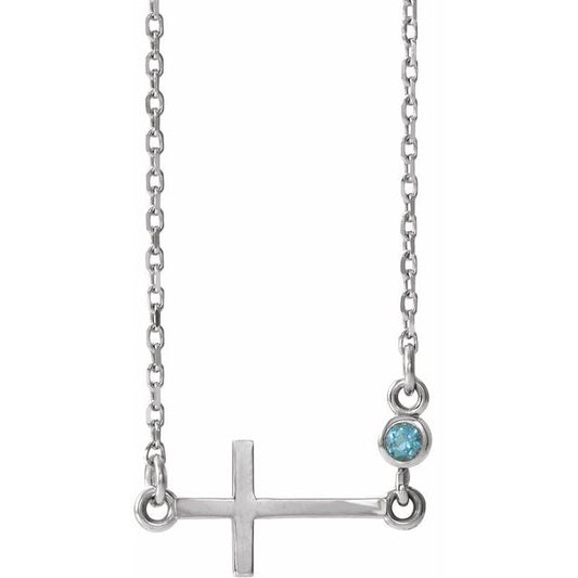 14K White Gold Natural Aquamarine Sideways Cross 16-18" Necklace