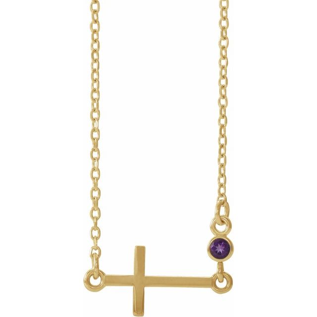 14K Yellow Gold Natural Amethyst Sideways Cross 16-18" Necklace