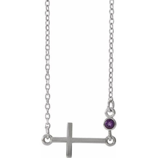 14K White Gold Natural Amethyst Sideways Cross 16-18" Necklace