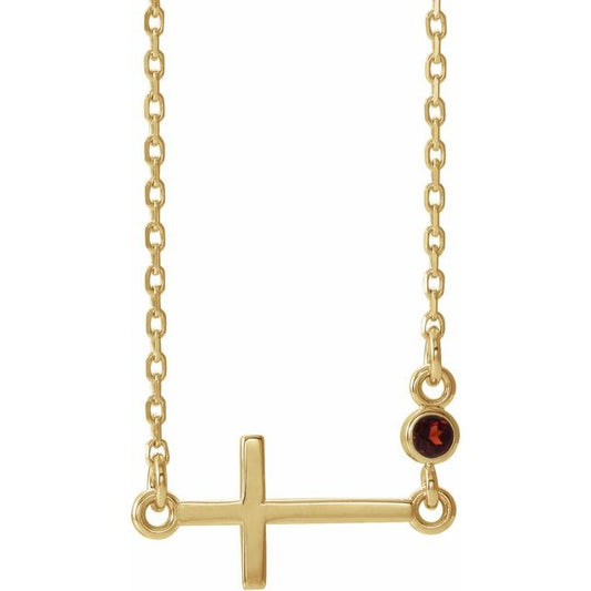 14K Yellow Gold Natural Mozambique Garnet Sideways Cross 16-18" Necklace