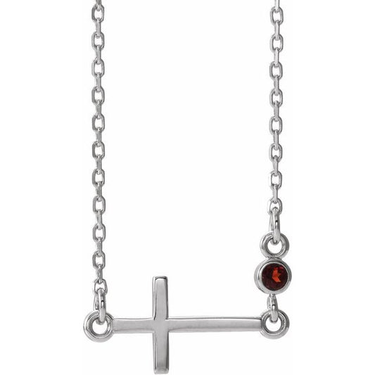 Sterling Silver Natural Mozambique Garnet Sideways Cross 16-18" Necklace