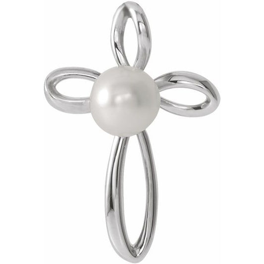 14K White Gold Cultured White Freshwater Pearl Cross Pendant