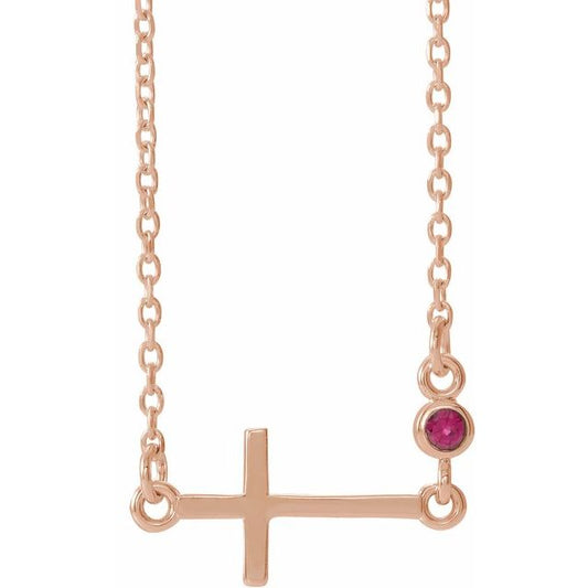 14K Rose Gold Natural Ruby Sideways Cross 16-18" Necklace