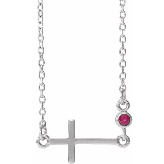 Sterling Silver Natural Ruby Sideways Cross 16-18" Necklace