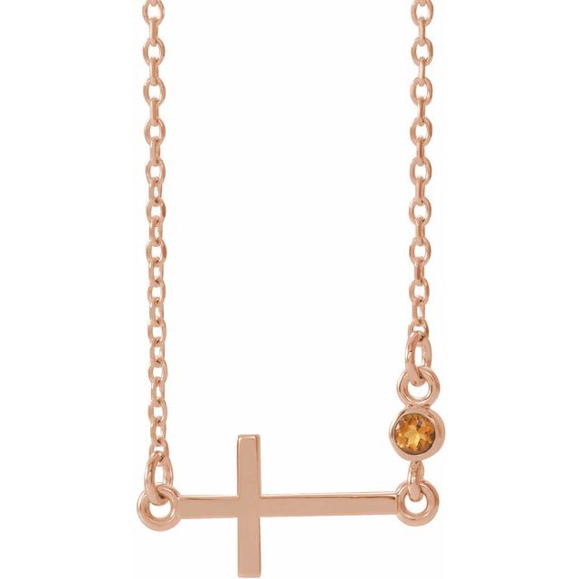 14K Rose Gold Natural Citrine Sideways Cross 16-18" Necklace