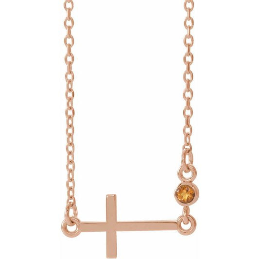14K Rose Gold Natural Citrine Sideways Cross 16-18" Necklace