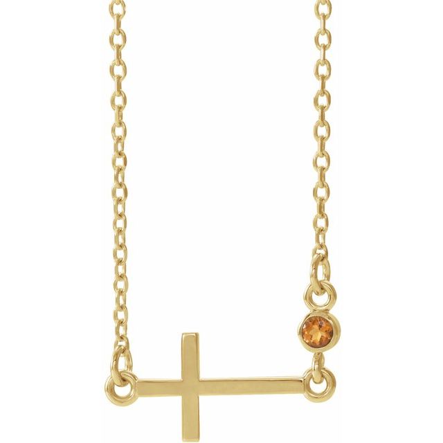 14K Yellow Gold Natural Citrine Sideways Cross 16-18" Necklace