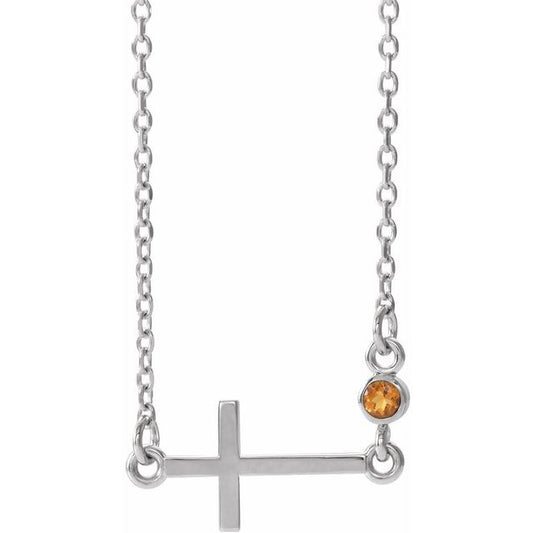 Sterling Silver Natural Citrine Sideways Cross 16-18" Necklace