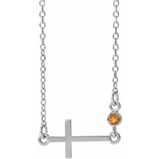 14K White Gold Natural Citrine Sideways Cross 16-18" Necklace