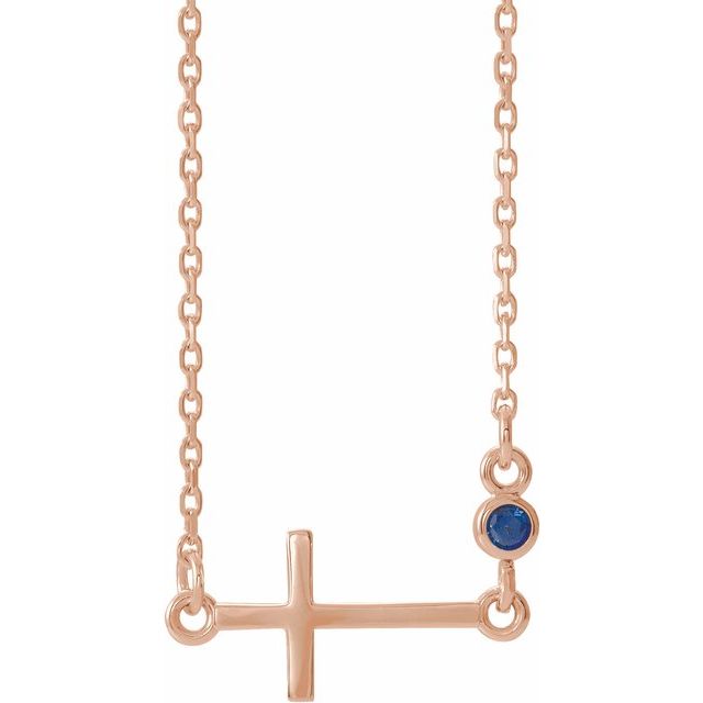 14K Rose Gold Natural Blue Sapphire Sideways Cross 16-18" Necklace