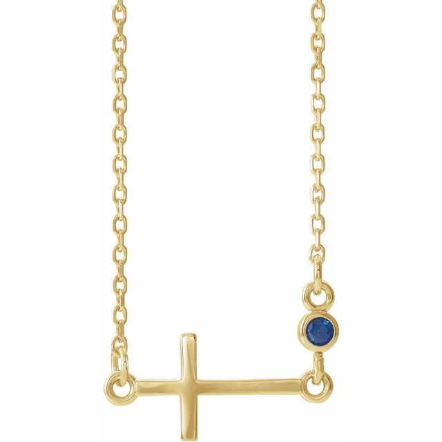 14K Yellow Gold Natural Blue Sapphire Sideways Cross 16-18" Necklace