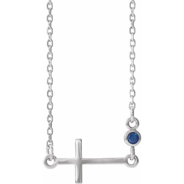 Sterling Silver Natural Blue Sapphire Sideways Cross 16-18" Necklace
