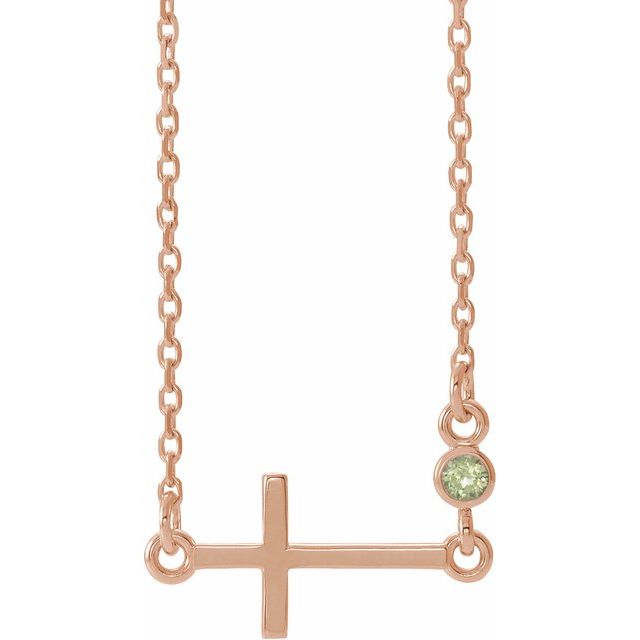 14K Rose Gold Natural Peridot Sideways Cross 16-18" Necklace