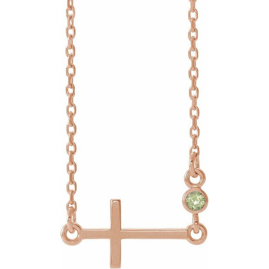14K Rose Gold Natural Peridot Sideways Cross 16-18" Necklace