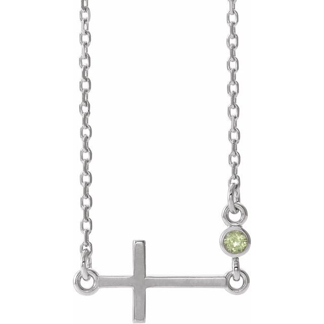 14K White Gold Natural Peridot Sideways Cross 16-18" Necklace