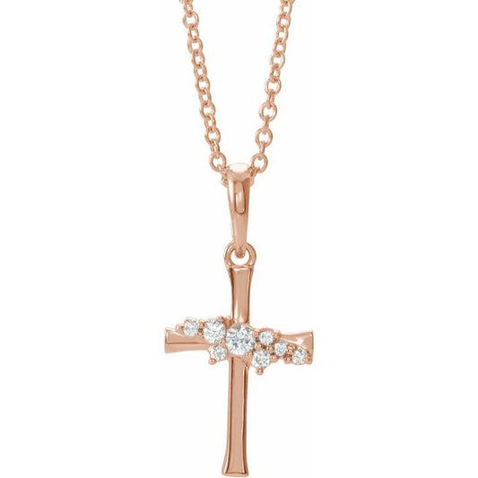 14K Rose Gold .06 CTW Natural Diamond Cluster Cross 16-18" Necklace
