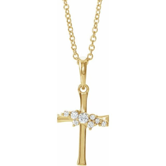 14K Yellow Gold .06 CTW Natural Diamond Cluster Cross 16-18" Necklace