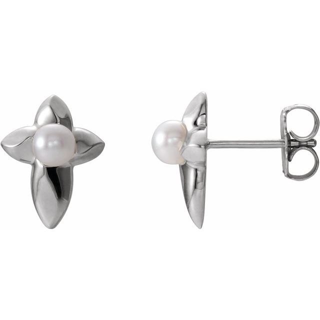 14K White Gold Cultured White Freshwater Pearl Cross Earrings
