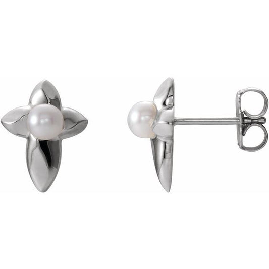 14K White Gold Cultured White Freshwater Pearl Cross Earrings