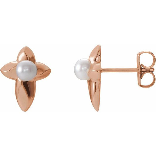 14K Rose Gold Cultured White Freshwater Pearl Cross Earrings