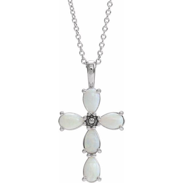 Sterling Silver Natural White Opal Cabochon Cross 16-18" Necklace