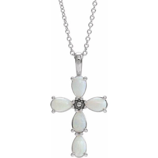 Sterling Silver Natural White Opal Cabochon Cross 16-18" Necklace