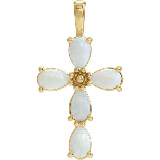 14K Yellow Gold Natural White Opal Cabochon Cross Pendant