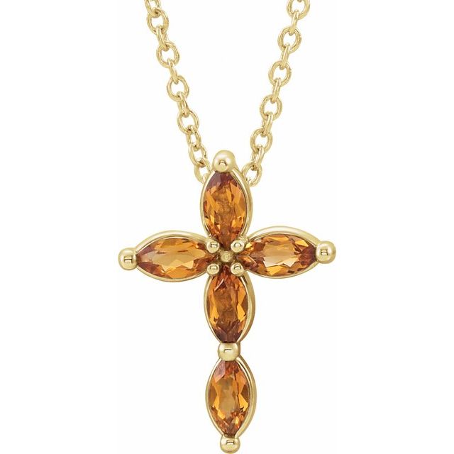 14K Yellow Gold Natural Citrine Cross 16-18" Necklace