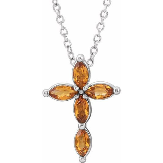 Sterling Silver Natural Citrine Cross 16-18" Necklace
