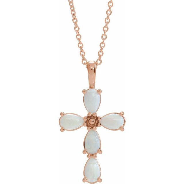 14K Rose Gold Natural White Opal Cabochon Cross 16-18" Necklace