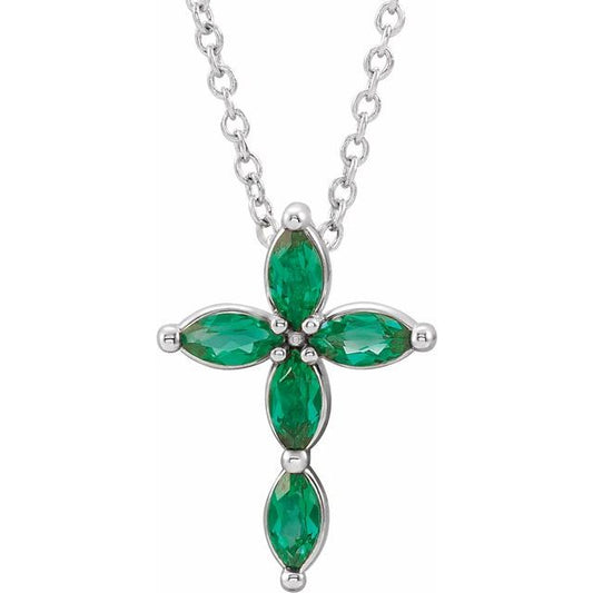 Sterling Silver Natural Emerald Cross 16-18" Necklace