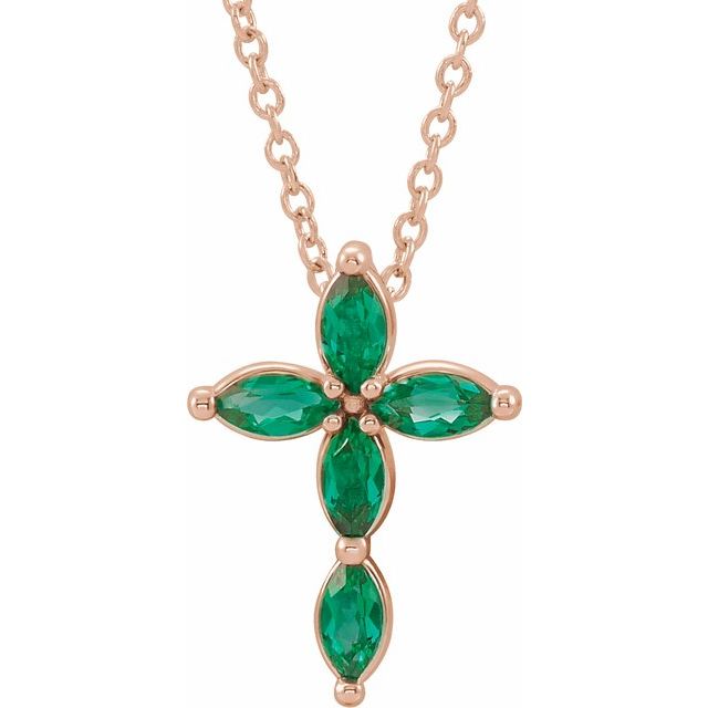 14K Rose Gold Natural Emerald Cross 16-18" Necklace