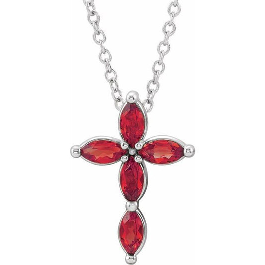 Sterling Silver Natural Ruby Cross 16-18" Necklace