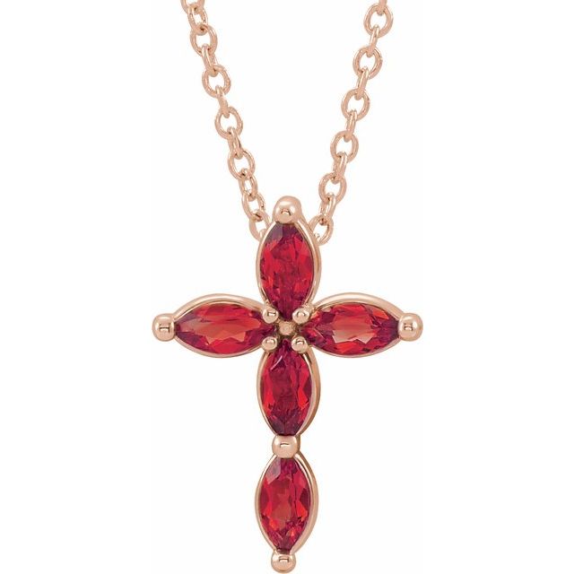14K Rose Gold Natural Ruby Cross 16-18" Necklace