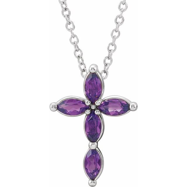14K White Gold Natural Amethyst Cross 16-18" Necklace