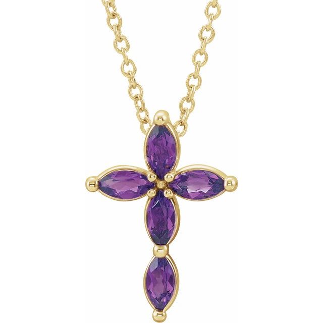 14K Yellow Gold Natural Amethyst Cross 16-18" Necklace