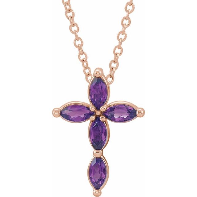 14K Rose Gold Natural Amethyst Cross 16-18" Necklace