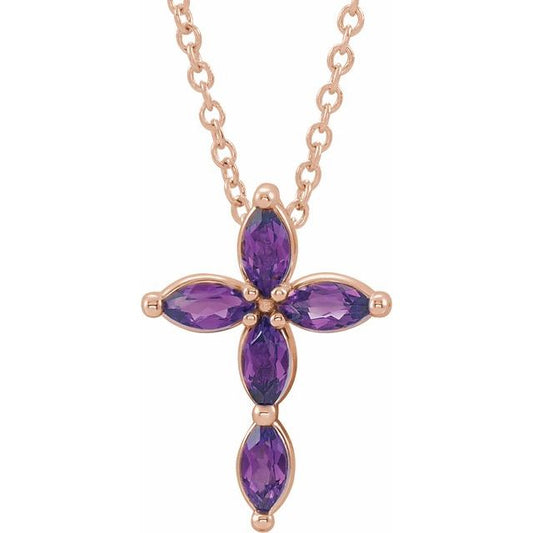 14K Rose Gold Natural Amethyst Cross 16-18" Necklace